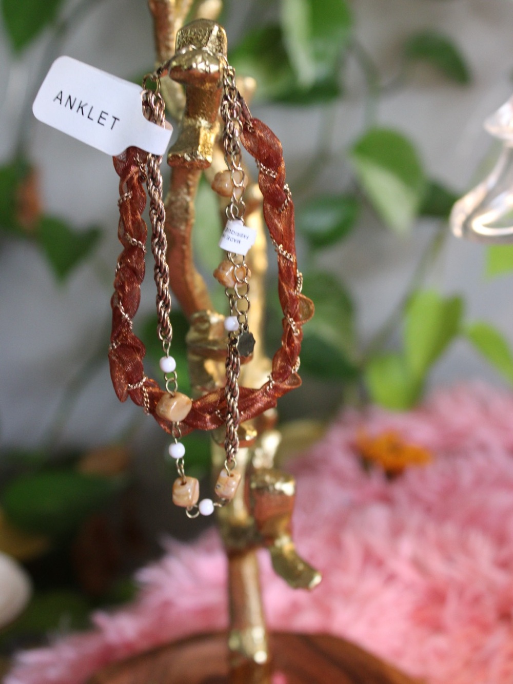 Free People Boho Layered Ribbon Chain Beaded Anklet – Bronze Brown